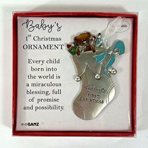 Baby's 1st Christmas Ornament Ganz Stocking Teddy Bear Silver Tone New